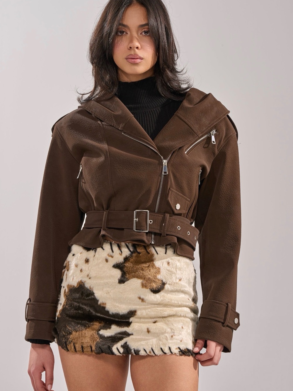AKIRA Dark Brown Cropped Belted Bomber Jacket